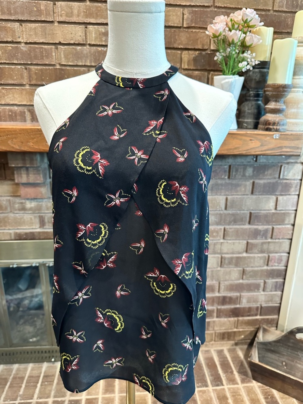 A.L.C. Black Floral Cross-Front Draped Silk Halter Top Size 4